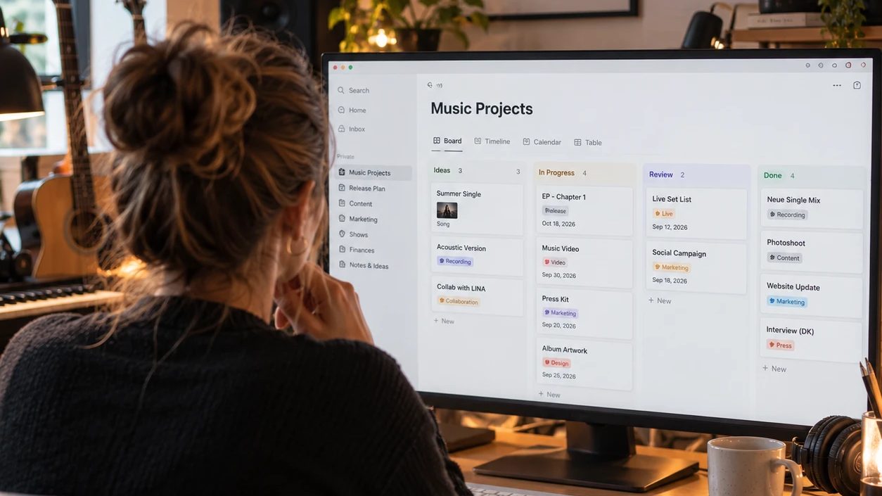 A musician at her desk planning releases, recordings and gigs on a project board